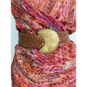 Vintage 70s Brown Woven Leather Waist Belt Etched Brass Moon Buckle Hippie Boho
